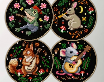 Musical Animals Bundle 4 PDF Cross Stitch Patterns, Funny Woodland Wall Art for Nursery Decor