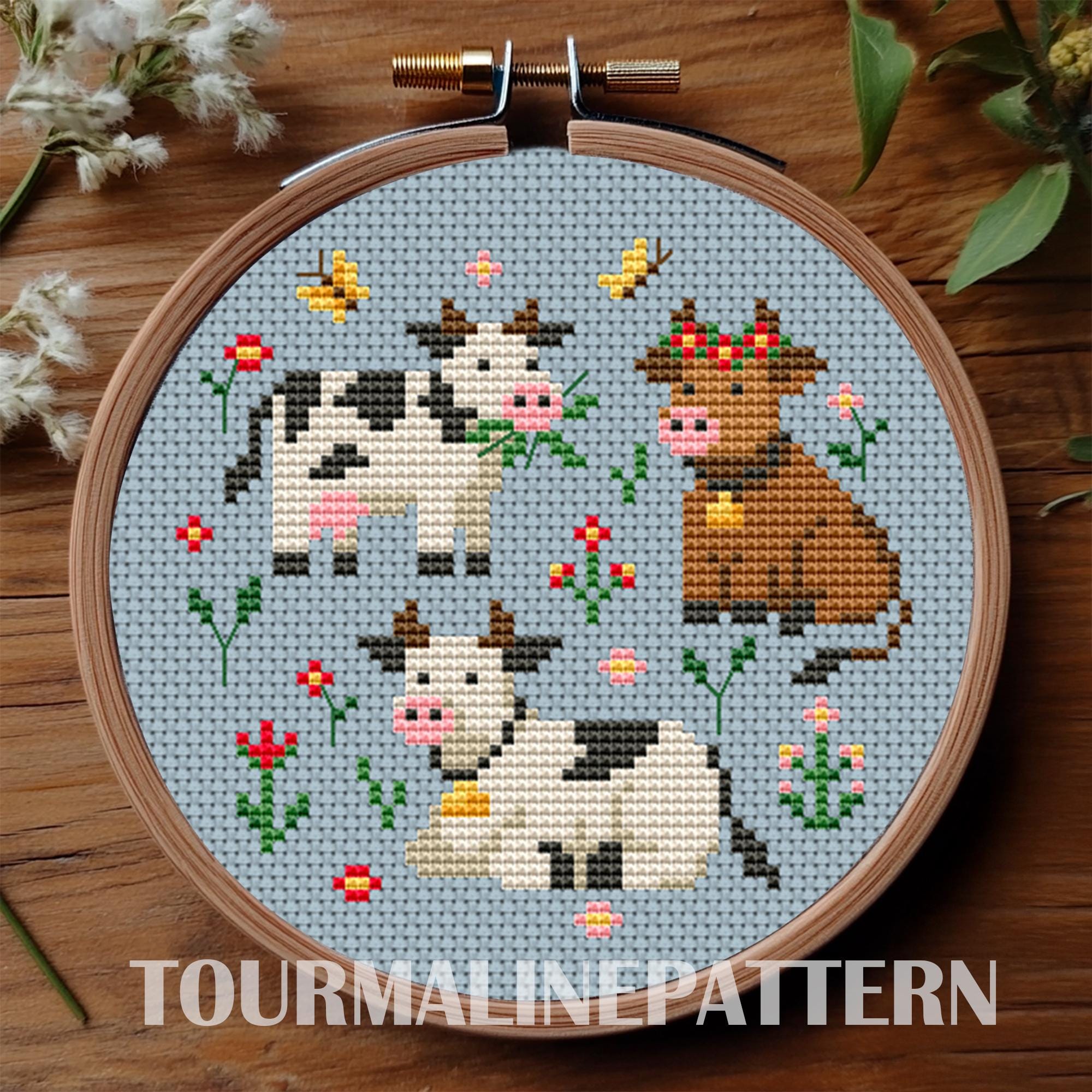 Funny Cows Cross Stitch Pattern PDF, Spotted Cows in Meadow with Flowers Embroidery, Farm Animal Needlework for Spring and Cottagecore Home