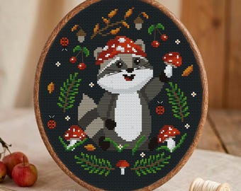 Raccoon Cross Stitch Pattern PDF, Forest Raccoon in Mushroom Hat with Amanita Wreath, Goblincore Embroidery