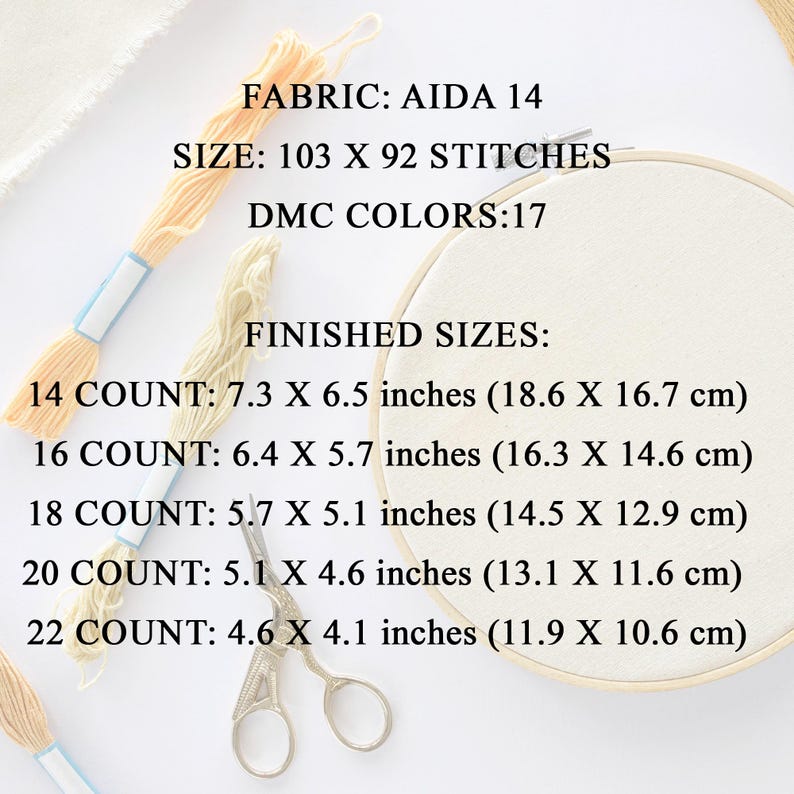 May include: Aida 14 fabric with 103 by 92 stitches, using 17 DMC colors. Finished sizes are listed for 14, 16, 18, 20, and 22 count fabric in inches and centimeters.