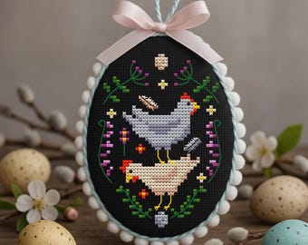 Easter Chicken PDF Cross Stitch Pattern, Funny Spring Wall Art and DIY Holiday Ornament