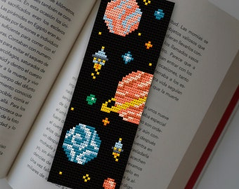 Space planets cross stitch bookmark pattern PDF Cosmos embroidery Space cross stitch bookmark Book lover gift