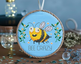 Funny Bee Cross Stitch, Bee Crazy Pun with Flower Sprigs, Cottagecore Wall Decor PDF Chart