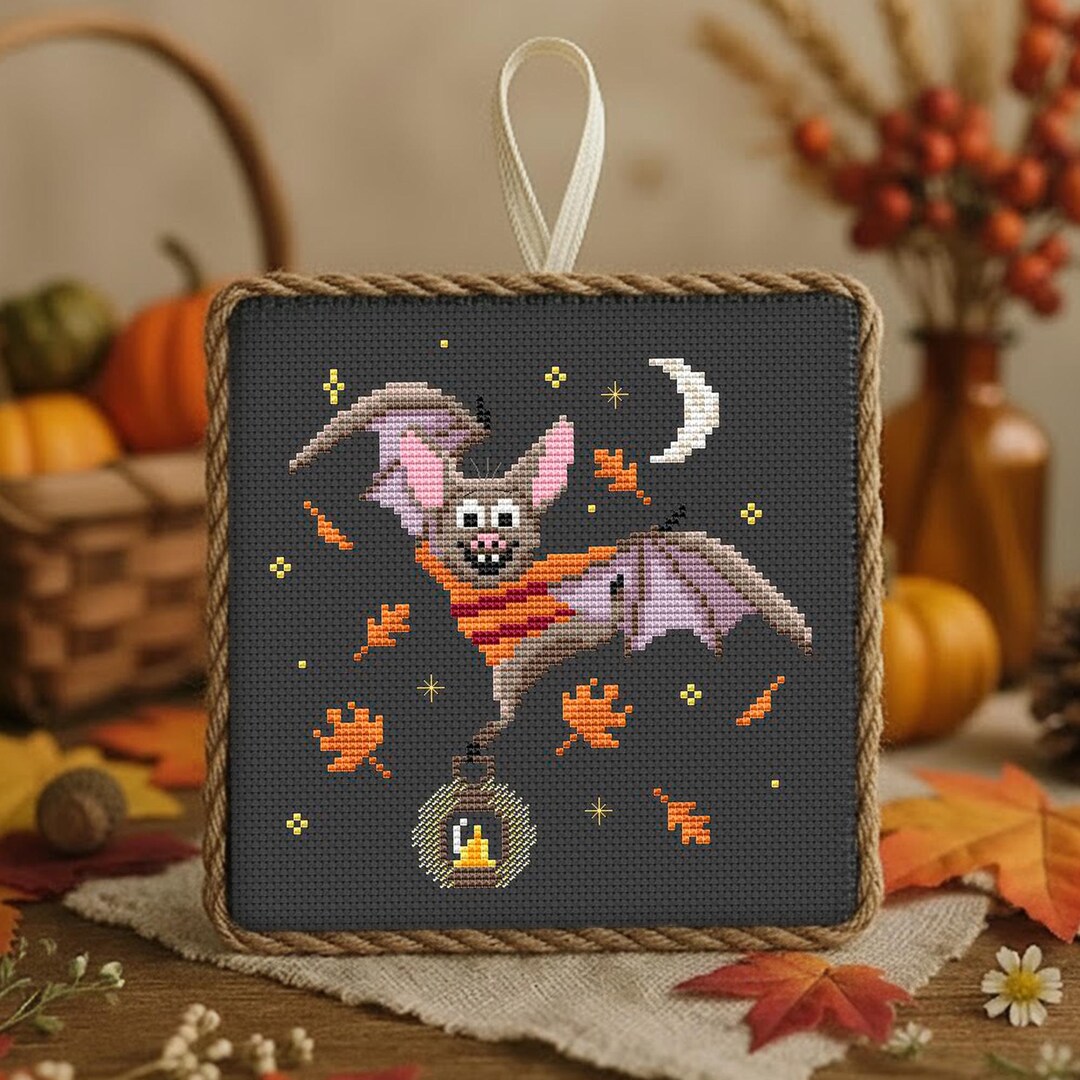 Fall Bat Cross Stitch Pattern, Cute Halloween Ornament PDF Chart ...