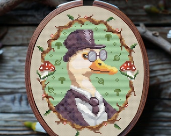 Gentleman Goose, Cottagecore cross stitch pattern PDF, Silly goose embroidery design, Mushroom cross stitch Woodland animals embroidery