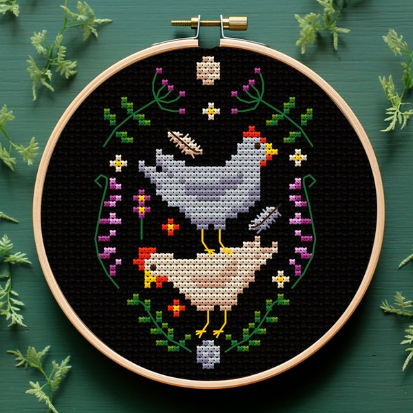 Floral chickens Cottagecore cross stitch pattern PDF Simple small cross stitch Spring chicken decor Funny bird cross stitch Farmhouse decor