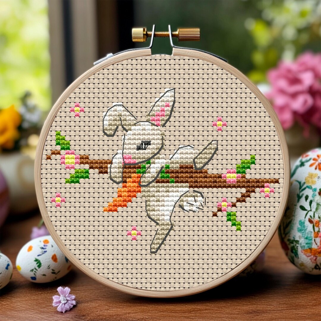 Easter Bunny Cross Stitch Pattern PDF, Floral Branch Rabbit ...