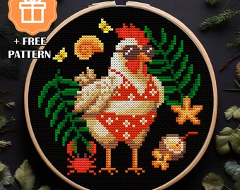 Funny Chicken on the Beach Cross Stitch Pattern PDF, Summer Embroidery Design, Bird Cross Stitch Pattern for Summer Decor