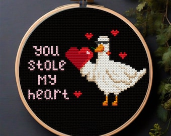 Funny Duck Cross Stitch PDF, You Stole My Heart Goose with Red Hearts, Farmhouse Valentine Gift