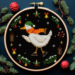 Christmas Goose Cross Stitch Pattern, Funny Silly Goose Embroidery, Winter Bird Design, Cozy Cottagecore Decor, Christmas Gift