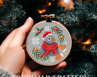 Kerstduif kruissteekpatroon pdf, grappige vogelborduurwerk, eenvoudig vakantieborduurwerk, kerstboomdecor, winterhandwerk