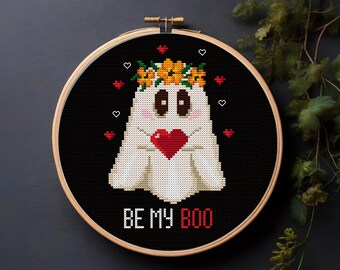 Ghost Cross Stitch Pattern for Halloween Lovers and Spooky Romantics, Heart and Orange Flower Crown, PDF Chart