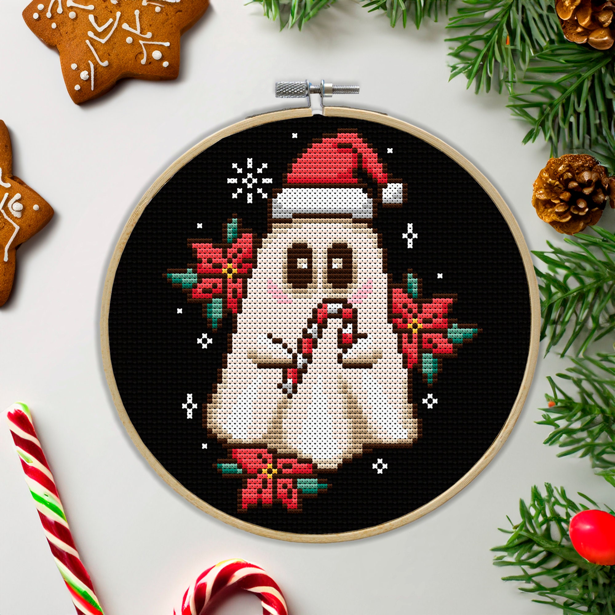 Ghost Stitching Pattern Christmas Ghost Cross Stitch Pattern PDF, Santa Ghost With Candy Cane ...