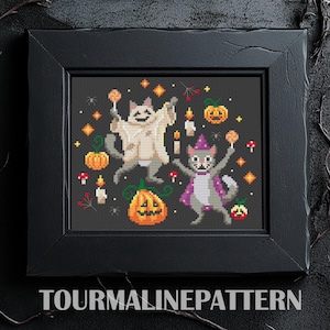 Witchy Dancing Cats Cross Stitch Pattern PDF, Magical Cat Embroidery, Cute Gothic Witchcore Decor, Mystical Spell Stitch, Cozy Magic Design