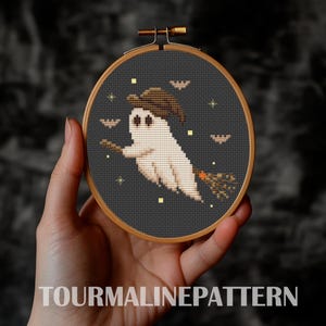May include: A cross-stitch pattern of a ghost wearing a witch's hat and riding a broomstick. The ghost is white and the hat is brown. The background is black with yellow stars and bats.
