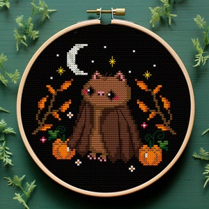 Cute nightmare Witchy cross stitch pattern PDF Creepy cute horror stitch Pumpkin embroidery Gothic bat cross stitch