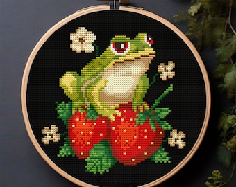 Aardbeikikker, Cottagecore-kruissteekpatroon pdf, Cottagecore-kikker, Goblincore, grappige kruissteek, Hallo zomer kruissteek, pad
