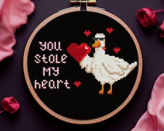 Goose Cross Stitch Pattern PDF, You Stole My Heart Silly Goose with Red Hearts, Funny Valentine Embroidery
