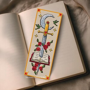 Sword Bookmark Cross Stitch Pattern PDF, Fantasy Blade with Moon and Roses, Bookish Embroidery