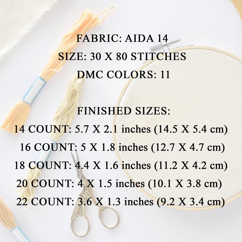 14 count: 5.7 x 2.1 inches (14.5 x 5.4 cm)