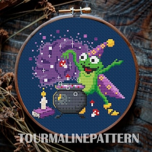 Witchy Frog Cross Stitch Pattern PDF, Vintage Halloween Frog Embroidery, Fantasy Halloween Design, Funny Goth Stitch, Dark Cottagecore Decor