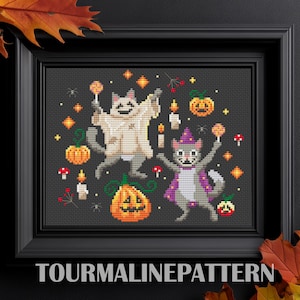 Halloween Cat Cross Stitch Pattern PDF, Dancing Ghost and Witch Cats with Pumpkins Embroidery, Funny Autumn Stitch for Spooky Home Decor
