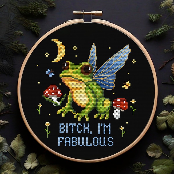 Fabulous frog Snarky cross stitch pattern PDF Witchy cross stitch Magic mushroom cross stitch Sarcastic embroidery Woodland animal