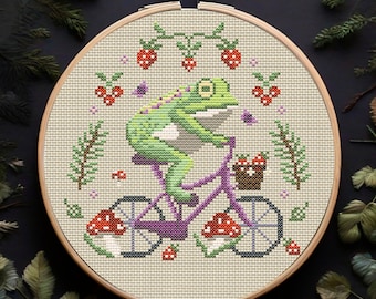Sapo morango Padrão de ponto cruz engraçado em PDF Vibrações de verão Bordado de cogumelo Bordado de floresta Ponto cruz de bruxa Goblincore