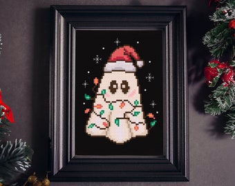 May include: A white ghost wearing a red Santa hat and wrapped in Christmas lights against a black background with white snowflakes.