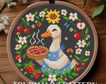 Goose Baking Pie Cross Stitch Pattern PDF, Funny Duck Needlepoint, Farmhouse Kitchen Stitching, Cottagecore Summer Decor, Spring Floral Bird