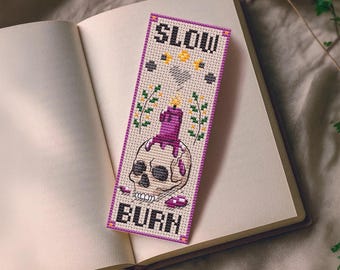 Slow Burn Bookmark Cross Stitch Pattern PDF, Gothic Skull Candle Design, Romantasy Reader Gift