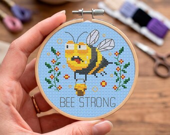 Bee Cross Stitch Pattern with Bee Strong Quote, Bumblebee Carrying Honey Bucket (PDF)
