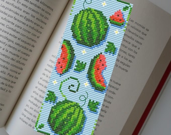 スイカのブックマーククロスステッチパターンPDF、読者のための夏の刺繍