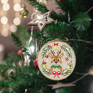 Deer Ornament Cross Stitch Pattern PDF, Christmas Tree Decor, Mini Holiday Embroidery, Funny Christmas Needlepoint