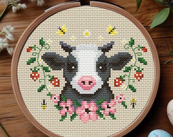 Cow Easter Cross Stitch Pattern, Spring Flowers, Cottagecore (PDF Pattern)
