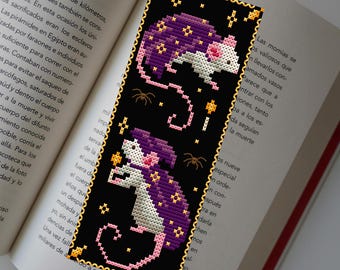 Witchy Rat Cross Stitch Bookmark Pattern PDF, Funny Halloween DIY for Book Lovers, Magic Mouse Embroidery with Spiders