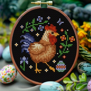 Easter Rooster Cross Stitch Pattern PDF, Mini Chicken Embroidery, Simple Farmhouse Decor for Spring and Cottagecore Style