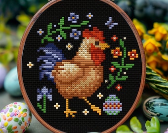 Ostern Huhn Kreuzstich Muster PDF, Folk Huhn mit Eiern und Blumen, Cottagecore Frühlingsstickerei