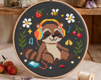 Summer Raccoon Cross Stitch Pattern, Music Lover in Headphones with Daisies and Bee, Hoop Art PDF