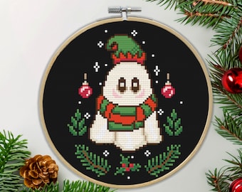 Christmas Elf Ghost PDF Cross Stitch Pattern, Spooky Holiday Home Wall Art
