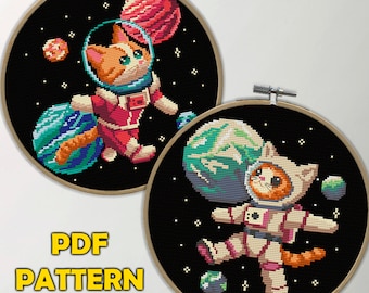 Space Cat Cross Stitch Pattern Set: Astronaut Animal Embroidery (PDF)