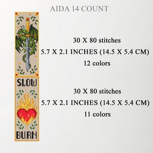 AIDA 14 count size chart for two fantasy cross-stitch bookmarks. Top: dragon wrapped around a sword, 30×80 stitches, 5.7×2.1 in (14.5×5.4 cm), 12 colors. Bottom: “SLOW BURN” flaming heart bookmark, 30×80 stitches, 5.7×2.1 in (14.5×5.4 cm), 11 colors. TourmalinePattern on Etsy.