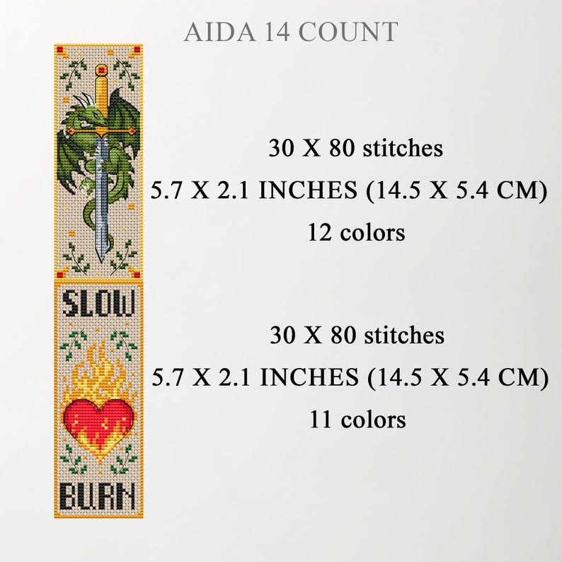 AIDA 14 count size chart for two fantasy cross-stitch bookmarks. Top: dragon wrapped around a sword, 30×80 stitches, 5.7×2.1 in (14.5×5.4 cm), 12 colors. Bottom: “SLOW BURN” flaming heart bookmark, 30×80 stitches, 5.7×2.1 in (14.5×5.4 cm), 11 colors. TourmalinePattern on Etsy.