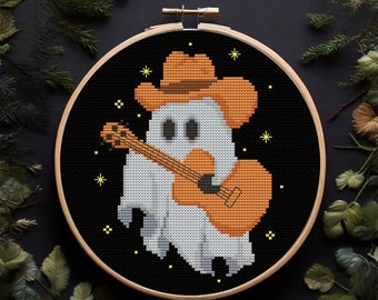 Cowboy ghost with a guitar Cross stitch pattern PDF Cute ghost embroidery design Witchy cross stitch pattern Country embroidery