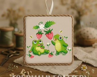 Frog Cross Stitch Pattern PDF, Kawaii Strawberry Duo Cottagecore — Floral Summer Decor
