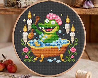 Funny Crocodile Cross Stitch Pattern, Bubble Bath with Rubber Duck and Candles, Bathroom Hoop Art PDF
