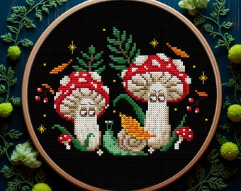 Forest mushroom cross stitch pattern PDF Dark woodland embroidery Witchy toadstool cross stitch Fantasy forest Snail