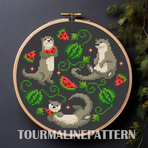 Funny Otter Cross Stitch Pattern PDF, Summer Watermelon Embroidery Pattern, Simple Cute Animal Stitch, Perfect Otter Lover Gift