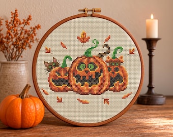 Halloween Pumpkin Cross Stitch Pattern PDF, Cat in Jack-o-Lantern, Spooky Embroidery