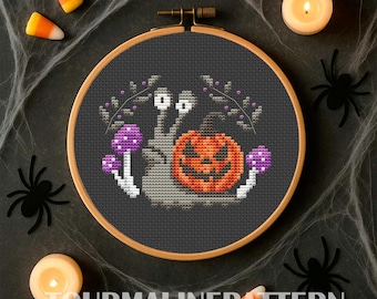 Halloween Snail Cross Stitch Pattern PDF, Spooky Pumpkin Embroidery for Autumn, Funny Gothic